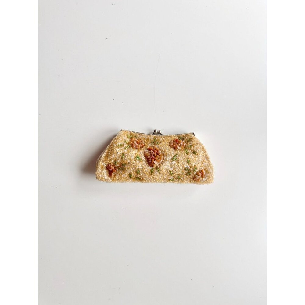 Vintage BIJOUX TERNER Yellow Amber Beaded Quartz Sand Satin Evening Purse Bag